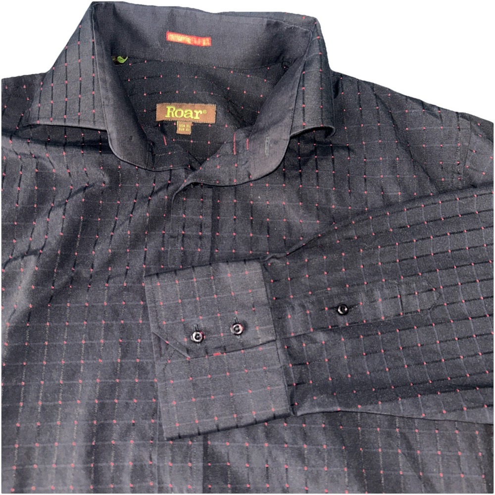 Roar Men's XL Button Up Long Sleeve, Black W/red Dots